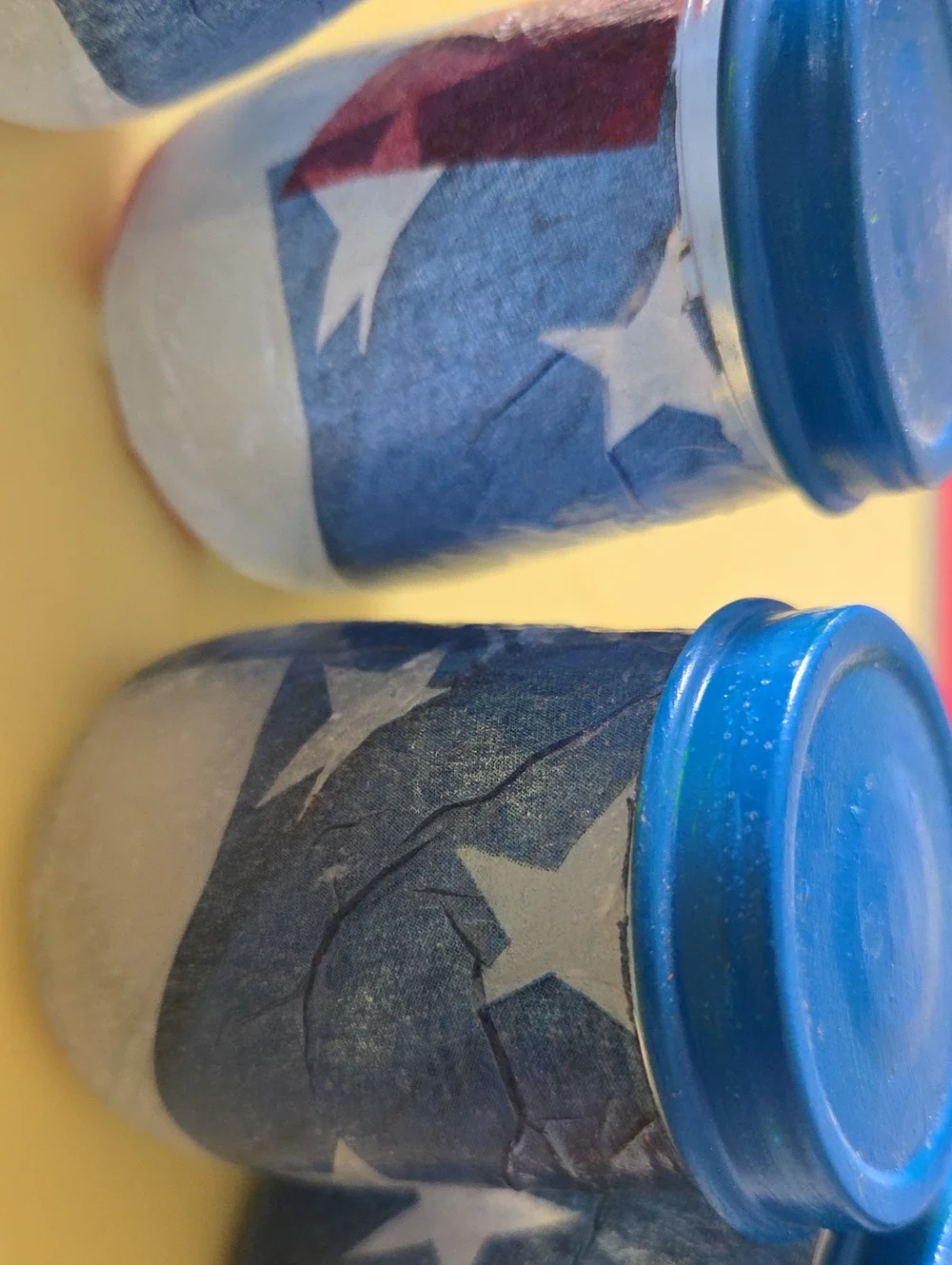 Tea Light Patriotic Flag Decorated Glass Jars with Blue Lids Set of 4